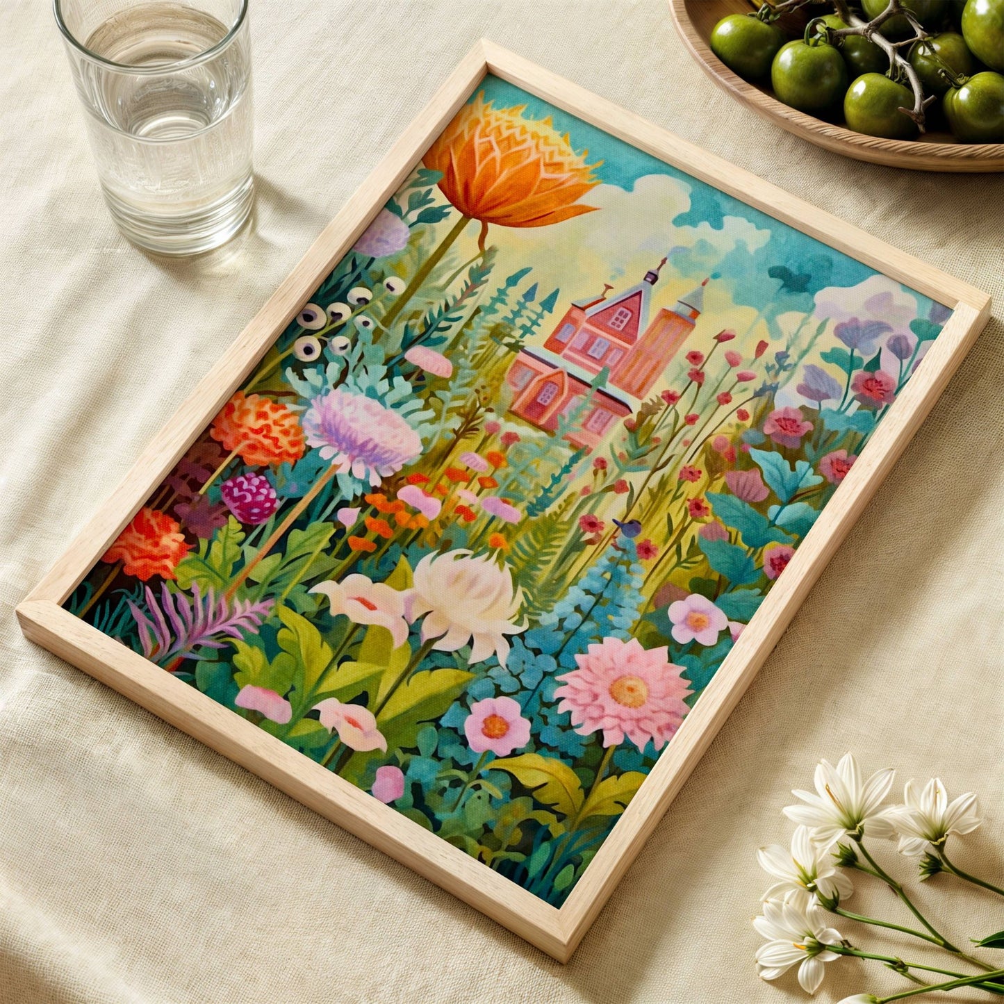 En varm og romantisk plakat med et rosa hus omringet av fargerike blomster i morgensolens glød. Perfekt for å skape en fredelig, optimistisk stemning i rommet. Illustrasjon viser plakat uten hvit kant i eik ramme.