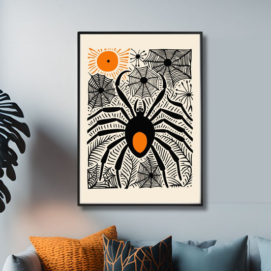 Halloween Edderkoppplakat, designet for å gi enhver vegg et mystisk og skummelt preg. Plakaten viser en stor, skremmende edderkopp omgitt av detaljerte edderkoppnett, som fanger essensen av Halloween. Illustrasjonsfoto viser plakat i sort ramme.