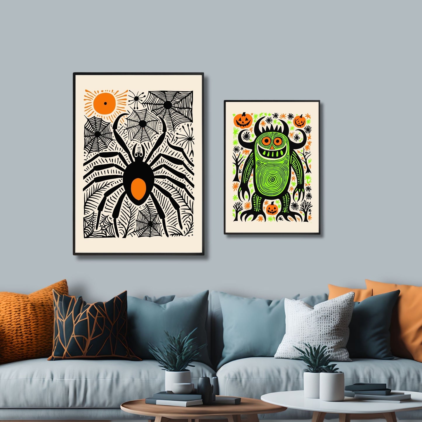 Halloween Edderkoppplakat, designet for å gi enhver vegg et mystisk og skummelt preg. Plakaten viser en stor, skremmende edderkopp omgitt av detaljerte edderkoppnett, som fanger essensen av Halloween. Illustrasjonsfoto viser plakat i sort ramme.
