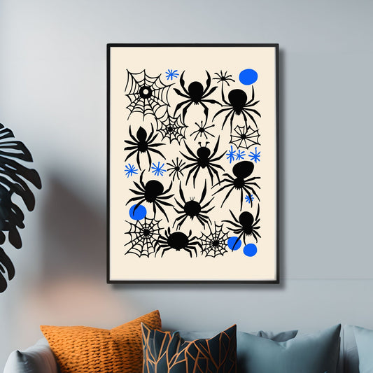Halloween Edderkoppplakat! Dette stilige og skumle designet inneholder en rekke svarte edderkopper og detaljerte edderkoppnett som setter den perfekte stemningen for enhver Halloween-fest. Illustrasjonsfoto viser plakat i sort ramme.