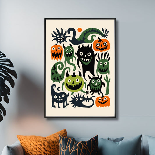 Kunstnerisk og fargerik plakat fylt med morsomme og skumle karakterer som setter den perfekte tonen for Halloween-feiringen. illustrasjonsfoto viser plakat i sort ramme.