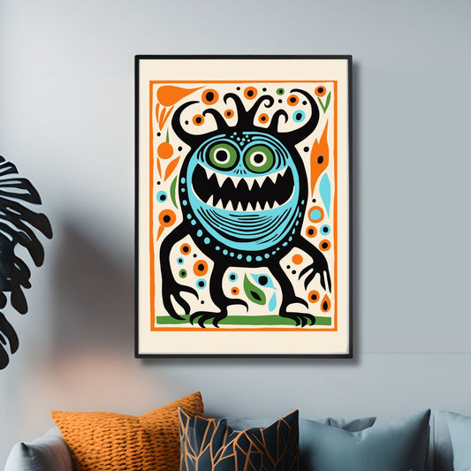 Fargerik og skremmende halloweenplakat som viser et kreativt monster med store øyne, skarpe tenner og et morsomt, men skremmende uttrykk. Illustrasjonsfoto viser plakat i sort ramme.