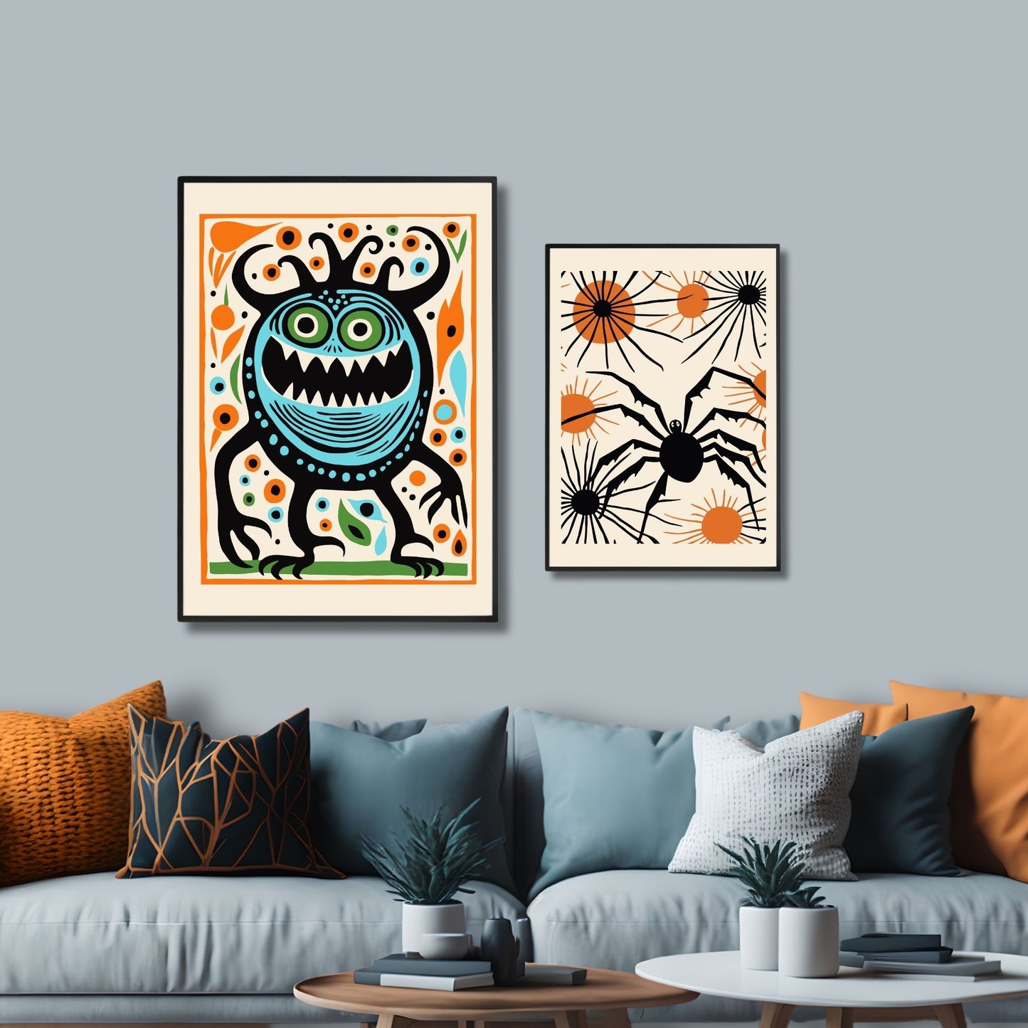 Fargerik og skremmende halloweenplakat som viser et kreativt monster med store øyne, skarpe tenner og et morsomt, men skremmende uttrykk. Illustrasjonsfoto viser plakat i sort ramme.