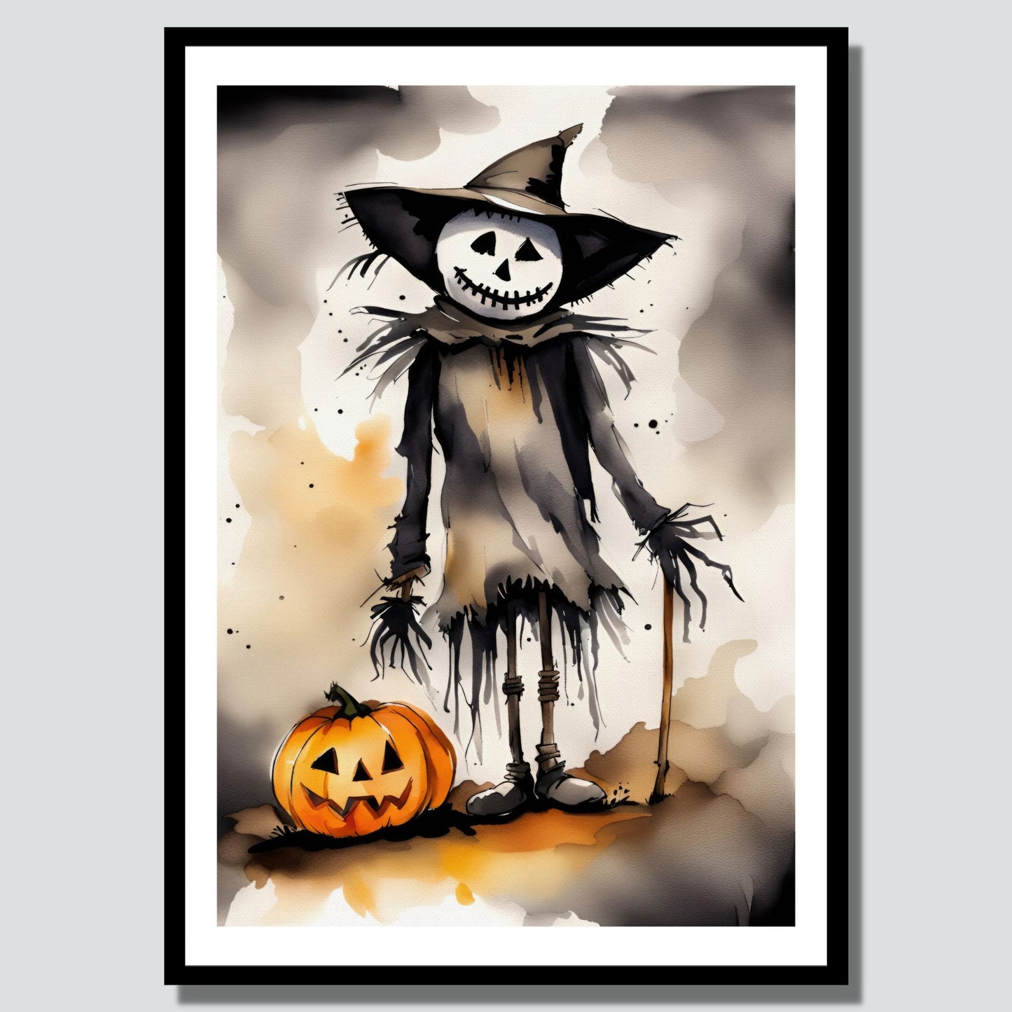Denne plakaten viser et skummelt fugleskremsel med et bredt, skjelettaktig smil, akkompagnert av et tradisjonelt Jack-O'-Lantern gresskar. Illustrasjonsfoto viser plakat i sort ramme.
