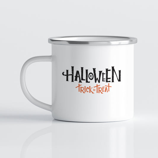 Dette emaljekruset prydes av en stor, detaljert edderkopp med spindelvev og små krabater rundt – et ekte Halloween-blikkfang.