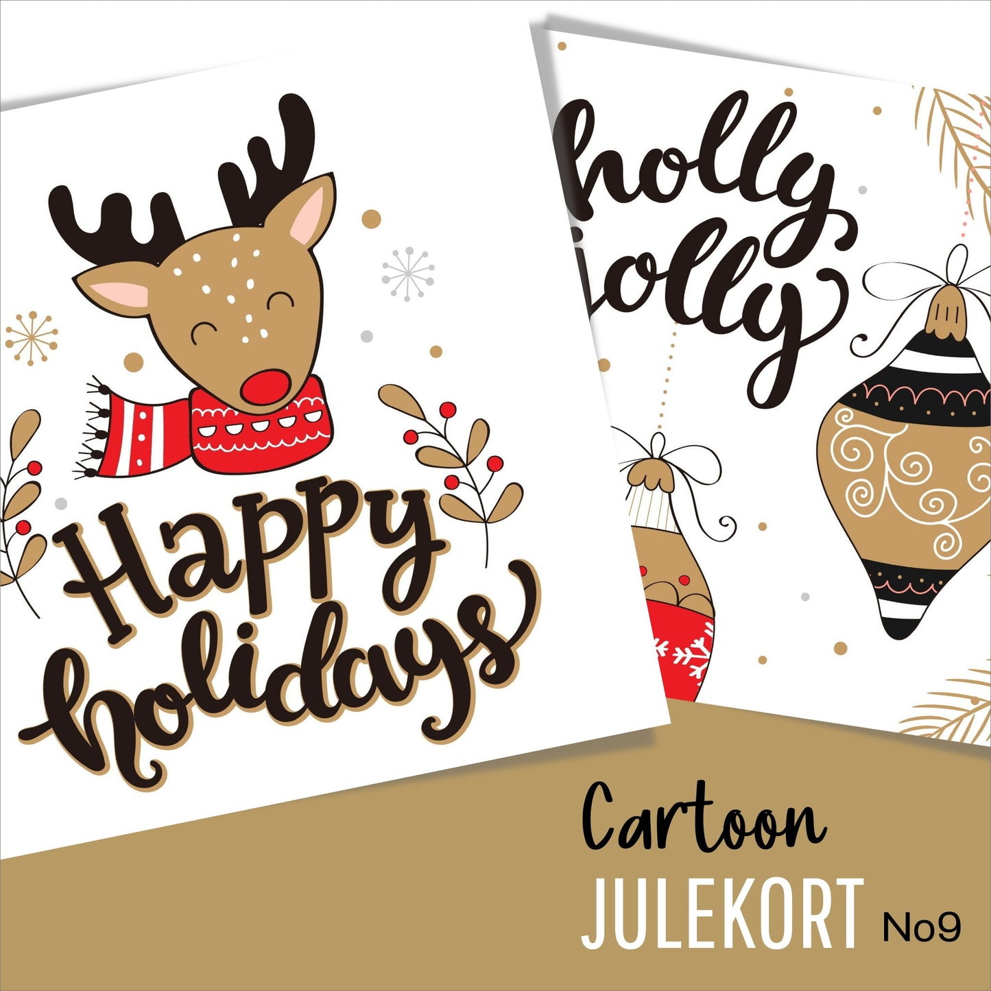 Søte julekort i håndtegnet cartoon. 10 pk. Fargemyanser i rød, grå, sort, hvit og gull.