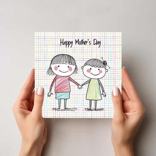 Gjør morsdagen ekstra spesiell med dette sjarmerende kortet med en håndtegnet illustrasjon av to glade barn og teksten "Happy Mother's Day"