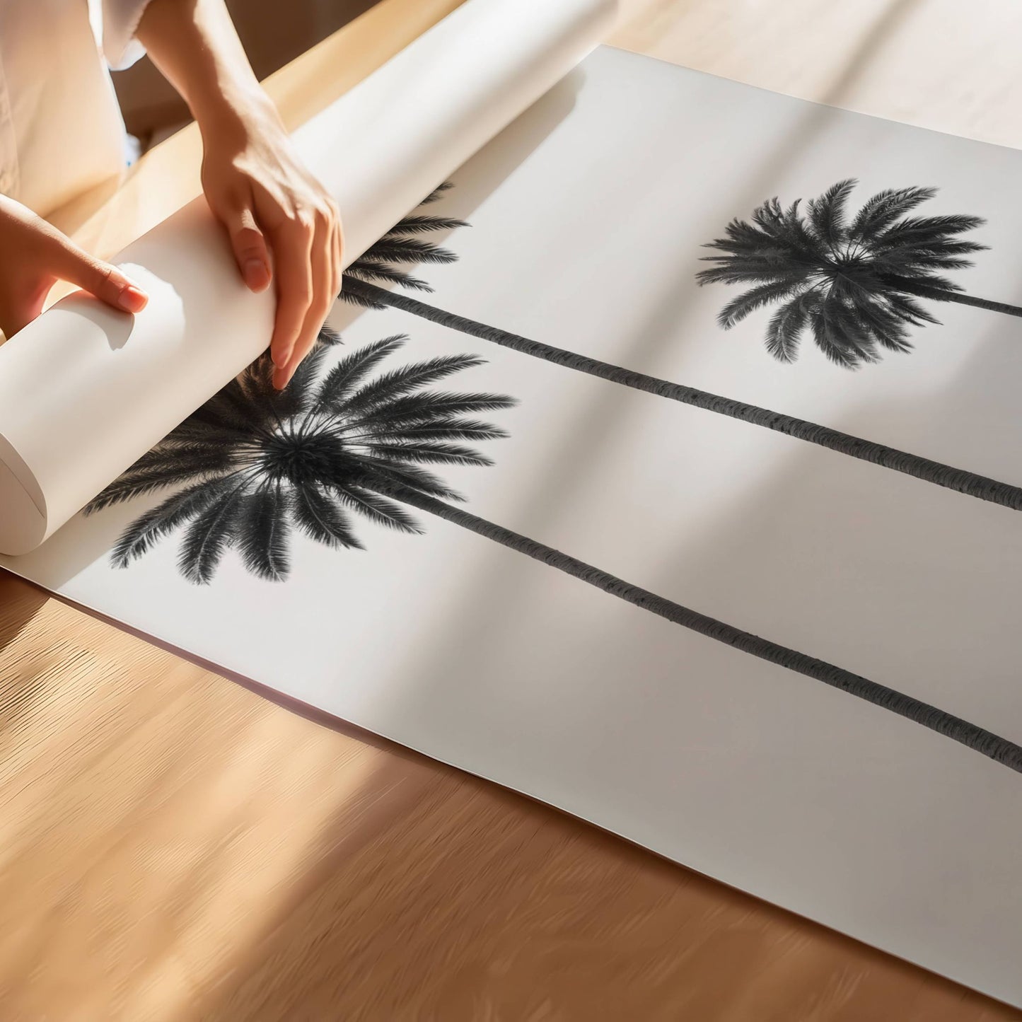 Minimalistisk svart-hvitt-motivet av tre majestetiske palmer langs stranden som skaper en tidløs og avslappende atmosfære. Illustrasjon viser motivet på print.