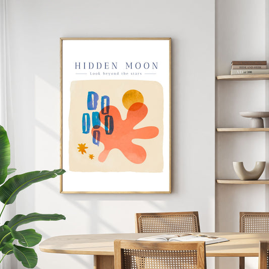 Denne Matisse-inspirerte plakaten innbyr til refleksjon med sitt minimalistiske design som kombinerer abstrakte former og beroligende nyanser. Illustrasjonsfoto viser plakaten i lys ramme.