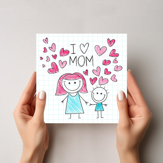 Dette kjærlighetsfulle kortet er fylt med glade hjerter og en sjarmerende håndtegnet illustrasjon av mor og barn. Med teksten "I ❤️ MOM".