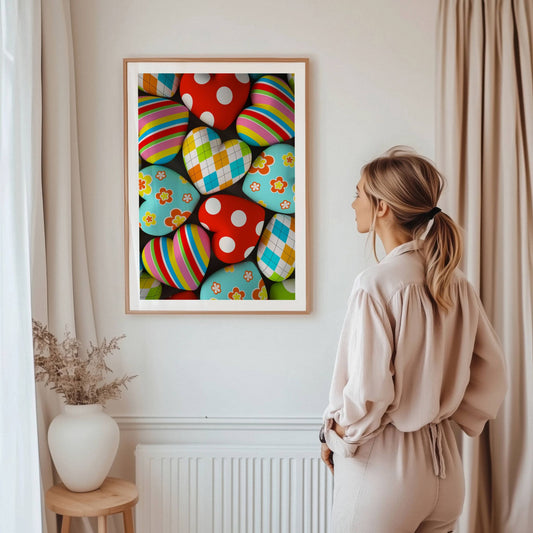 Utforsk skjønnheten og gleden av vår Hjerter i Multifarger, en unik grafisk illustrasjon som vil legge til et snev av farge og varme i ethvert rom Illustrasjon viser plakat med hvit kant i eik ramme.