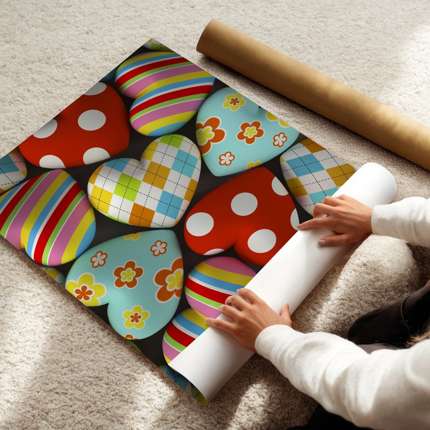 Utforsk skjønnheten og gleden av vår Hjerter i Multifarger, en unik grafisk illustrasjon som vil legge til et snev av farge og varme i ethvert rom Illustrasjon viser plakat på print.