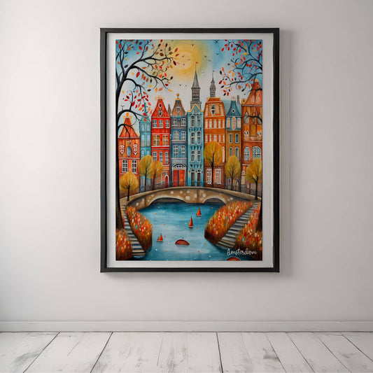 Et sjarmerende høstmotiv fra Amsterdam med kanalhus og varme farger. Illustrasjon viser plakat med hvit kant i sort ramme.
