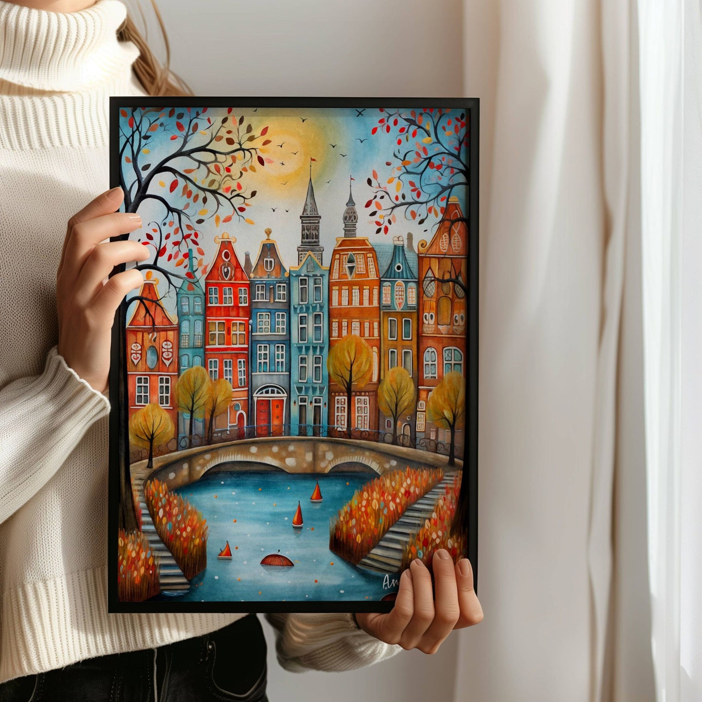 Et sjarmerende høstmotiv fra Amsterdam med kanalhus og varme farger. Illustrasjon viser plakat uten hvit kant i sort ramme.