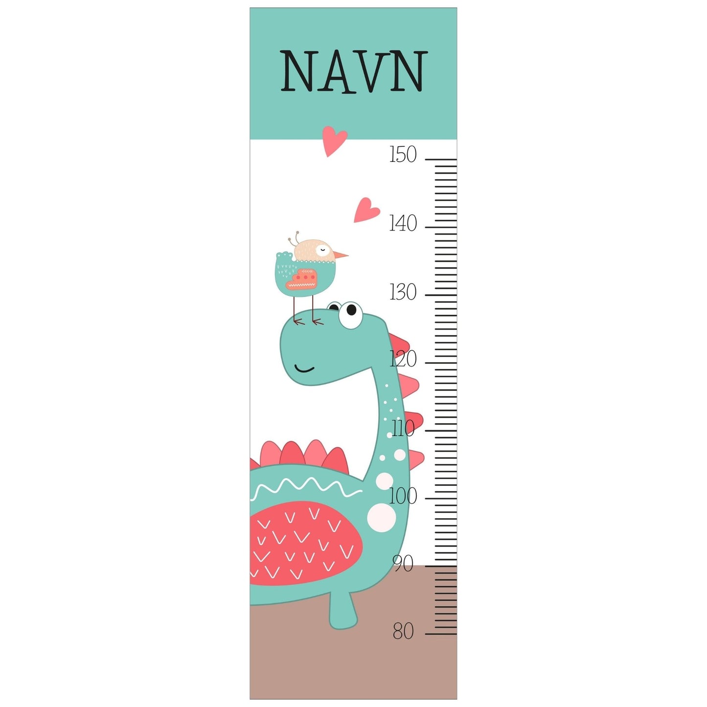 Dekorativ plakat med høydemåler og en mint grønn dinosaur på en hvit bakgrunn.
