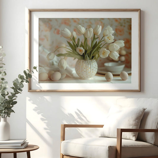Bildet viser en rund, hvit vase fylt med hvite tulipaner og gullprikker, en perfekt påminnelse om sesongens blomstring. Illustrasjon viser plakat med passepartout i eik ramme.