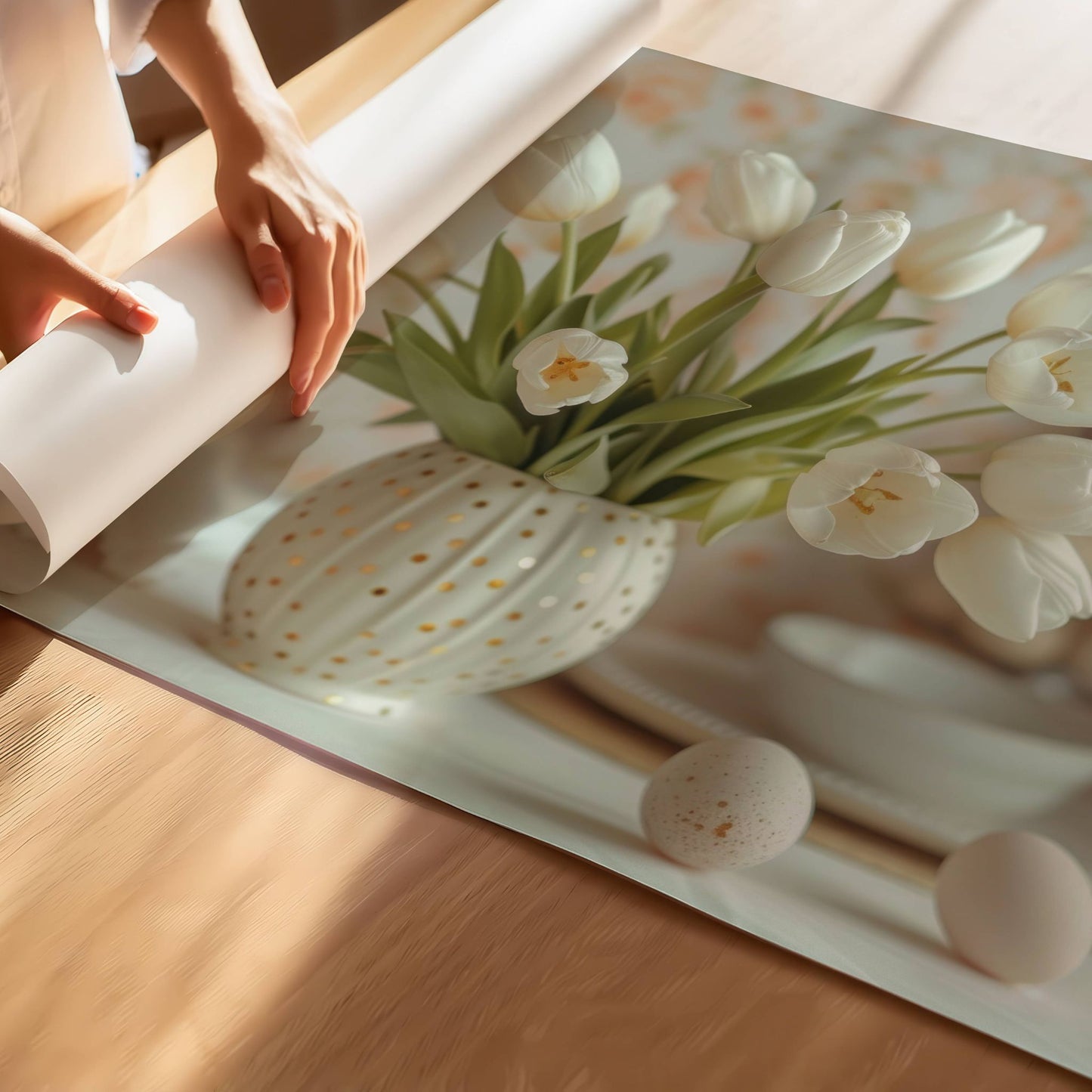 Bildet viser en rund, hvit vase fylt med hvite tulipaner og gullprikker, en perfekt påminnelse om sesongens blomstring. Illustrasjon viser plakat på print.