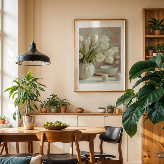 Bildet viser en rund, hvit vase fylt med hvite tulipaner og gullprikker, en perfekt påminnelse om sesongens blomstring. illustrasjon viser plakat med hvit kant i eik ramme.