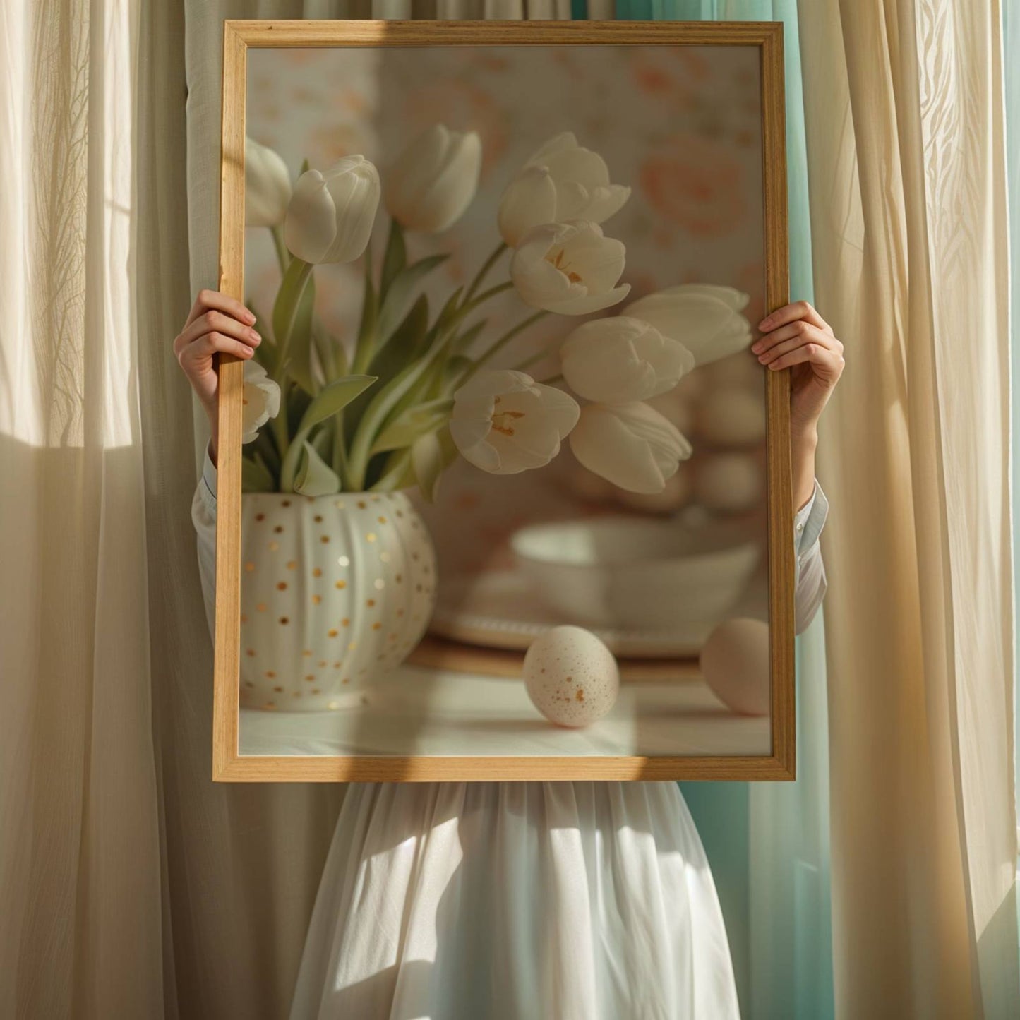Bildet viser en rund, hvit vase fylt med hvite tulipaner og gullprikker, en perfekt påminnelse om sesongens blomstring. illustrasjon viser plakat uten hvit kant i eik ramme.