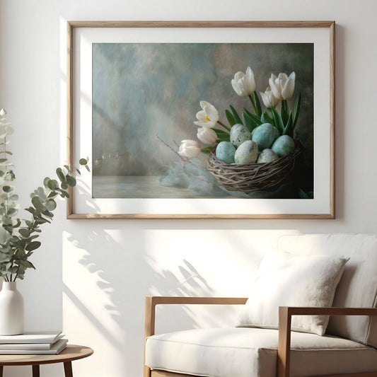 Møt våren med denne livlige og stemningsfulle plakaten, som viser hvite tulipaner og lyseblå og hvite påskeegg som ligger vakkert plassert i et rede av kvister. Illustrasjonen viser plakat med passepartout i eik ramme.