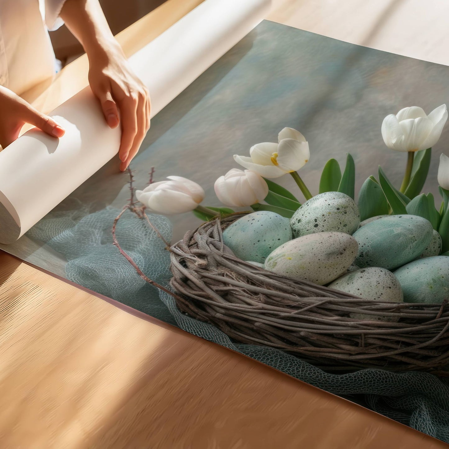 Møt våren med denne livlige og stemningsfulle plakaten, som viser hvite tulipaner og lyseblå og hvite påskeegg som ligger vakkert plassert i et rede av kvister. Illustrasjonen viser plakat på print.