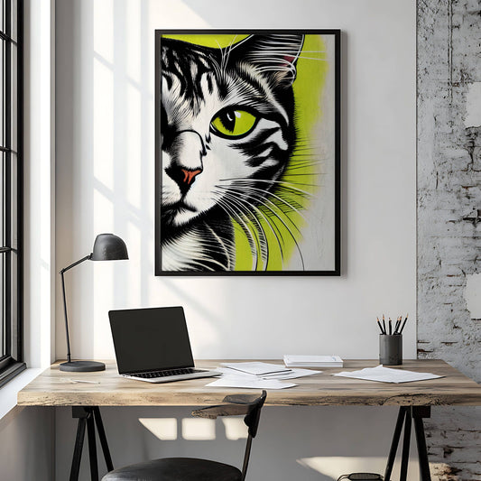 Hypnotic Gaze, en dristig og moderne kunstplakat som skildrer en majestetisk katt i intense detaljer. Illustrasjon viser plakat i sort ramme.