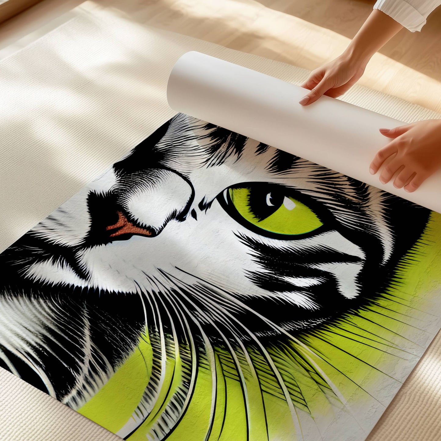 Hypnotic Gaze, en dristig og moderne kunstplakat som skildrer en majestetisk katt i intense detaljer. Illustrasjon viser plakat på print.