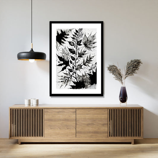 Miljøbildet viser en grafisk plakat i abstrakt, floralt mønster i sort-hvitt. Plakaten som har en dekorativ hvit kant, henger i en sort ramme over en skjenk i teak. Ved siden henger en sort lampe og på skjenken står det en sort vase med strå.