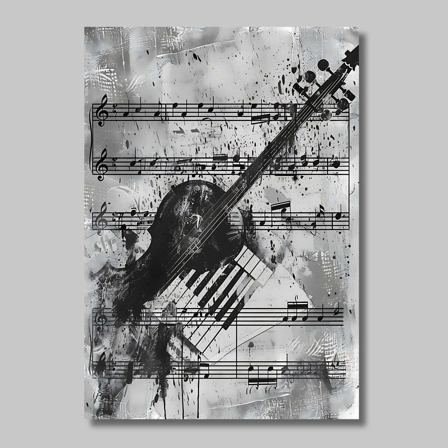 Grafisk illustrasjon som fremhever skjønnheten og elegansen til klassiske musikkinstrumenter som fiolinen og pianoet, satt mot en bakgrunn av delikate notearrangementer. Illustrasjonen viser motivet på lerret.