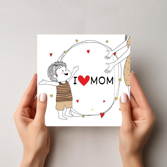 Med et søtt og enkelt design som inkluderer teksten "I ❤️ MOM", formidler dette kortet takknemlighet og kjærlighet på en varm og rørende måte. 
