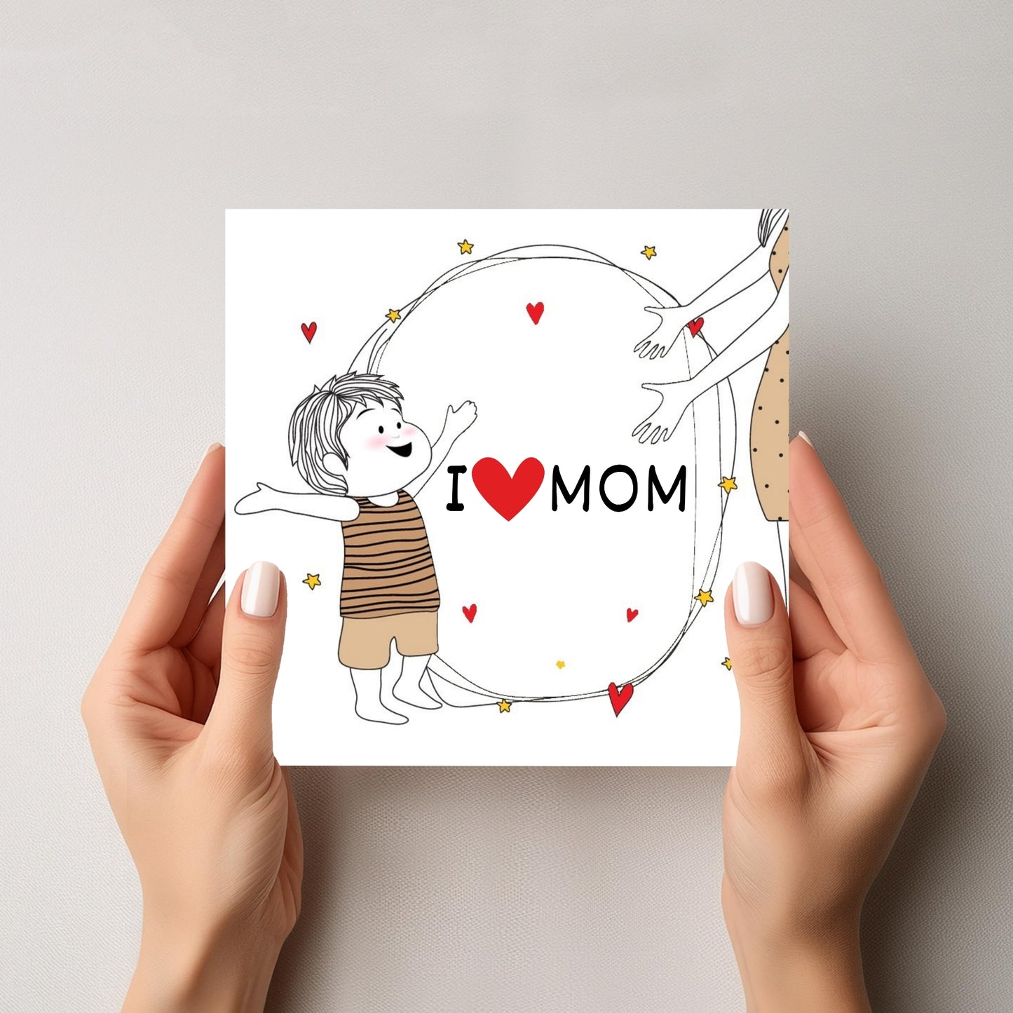 Med et søtt og enkelt design som inkluderer teksten "I ❤️ MOM", formidler dette kortet takknemlighet og kjærlighet på en varm og rørende måte. 