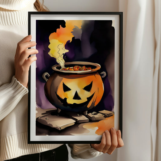 Gjør din Halloween-dekorasjon ekstra magisk med Jack-O'-Lantern Cauldron, en Halloween-plakat som viser en glødende gryte formet som et Jack-O'-Lantern, fylt med mystiske ingredienser. Illustrasjon viser plakat i sort ramme.