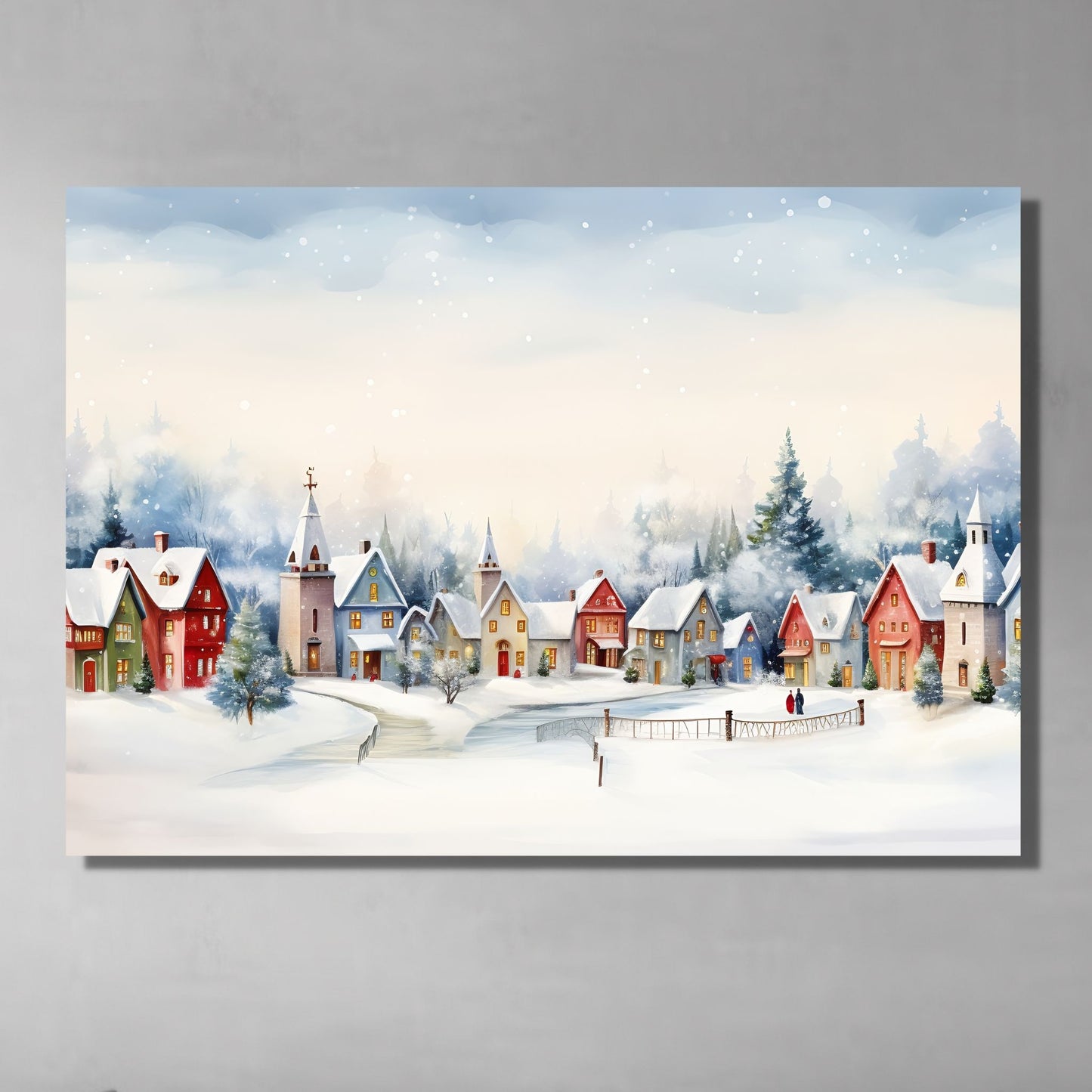 Grafisk motiv av en snøkledd liten landsby. Snøen faller ned over de små husene og skaper julestemning. Illustrasjon viser bildet printet på lerret, og henger på en vegg.