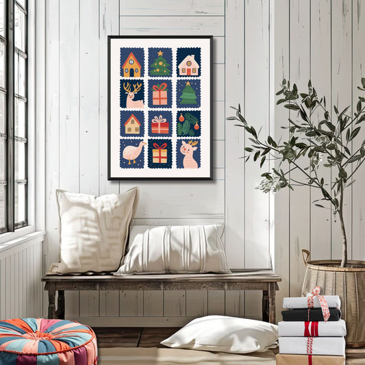 En leken illustrasjon av reinsdyr, juletrær, gaver og koselige hus, organisert i et kreativt rutemønster. Illustrasjonsfoto viser plakat i sort ramme.