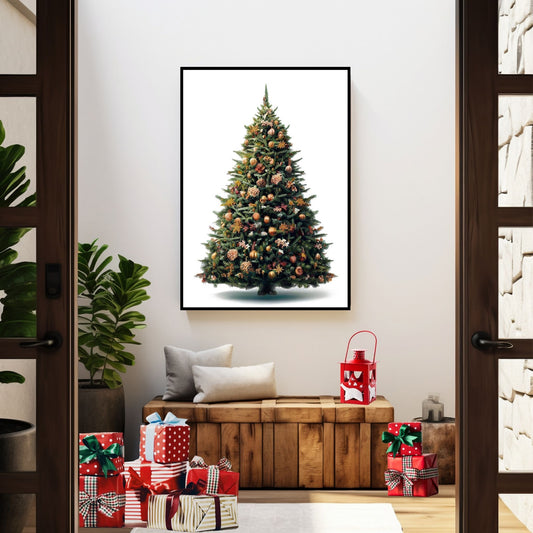 Illustrasjonsbilde av juletre som plakat i sort ramme på en vegg.