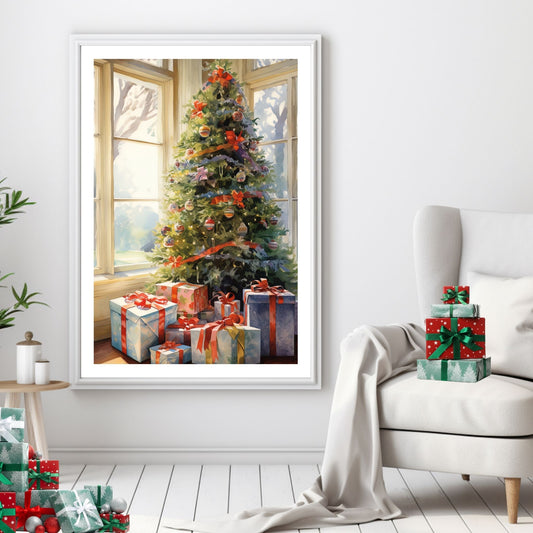 Juletre og julepakker ved et vindu. Illustrasjonen viser motivet som plakat i hvit ramme som henger på en vegg ved siden av en stol.