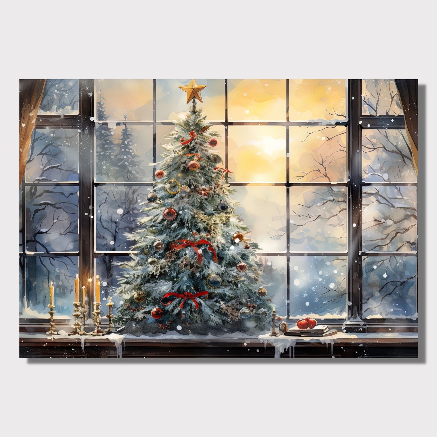 Juletre og julepakker ve et vindu. Illustrasjonen viser motivet på lerret som henger på en vegg.
