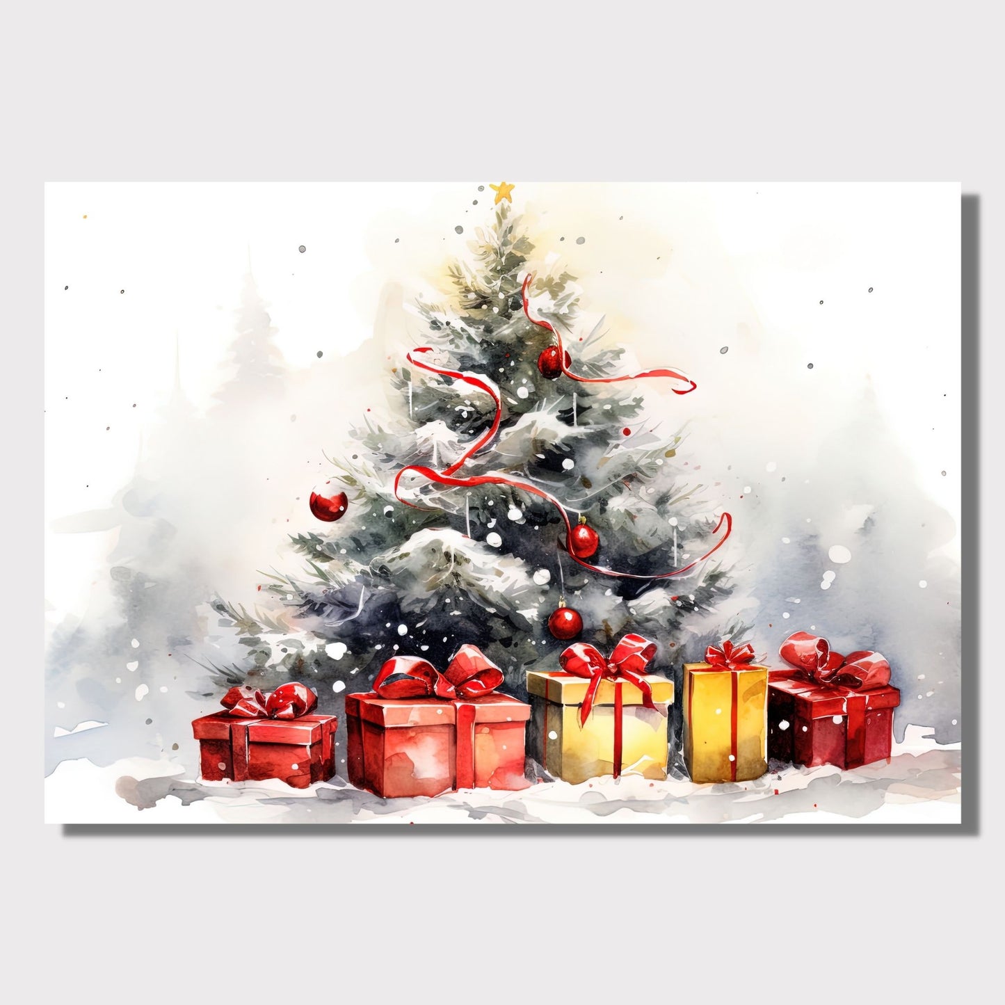 Juletre med julepynt og julepakker som står ute i snøen. Illustrasjonen viser motivet på lerret som henger på en vegg.