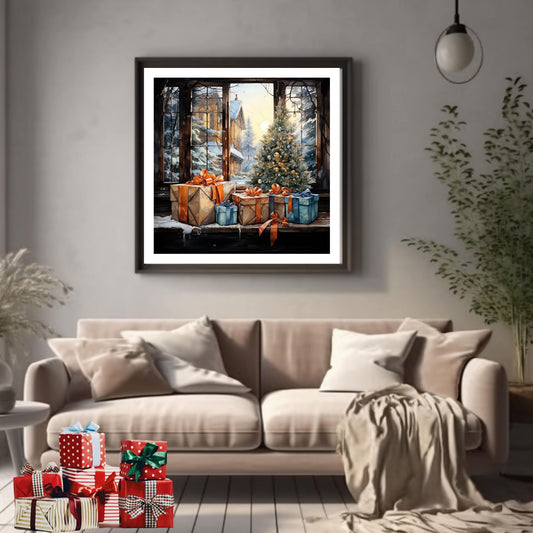 Juletre og julepakker ved et åpent vindu. Illustrasjonen viser motivet som plakat i sort ramme som henger på en vegg over en beige sofa.