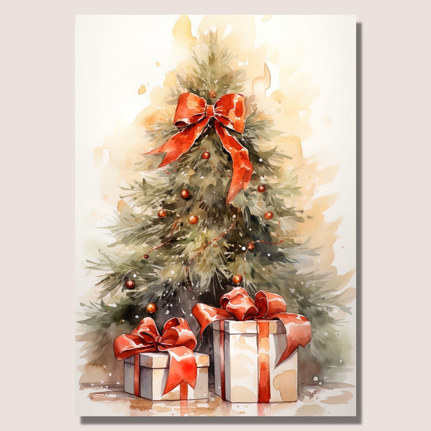 Juletre og julepakker. Illustrasjonen viser motivet på lerret som henger på en vegg.