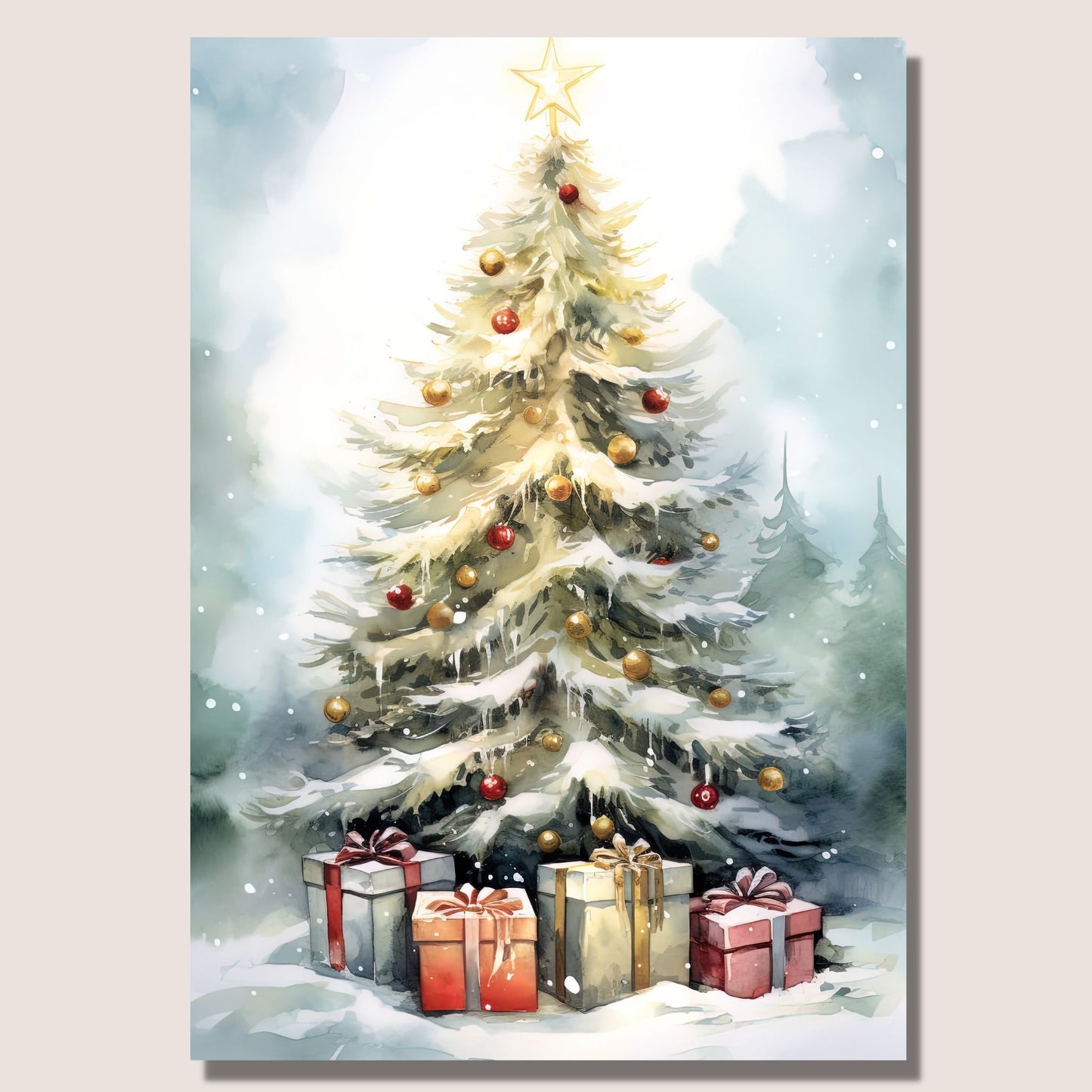 Juletre med julepynt og julepakker som står ute i snøen. Illustrasjonen viser motivet på lerret som henger på en vegg.