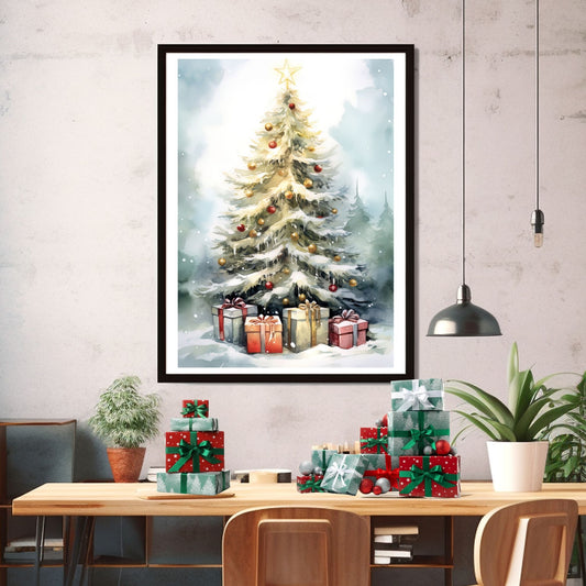 Juletre med julepynt og julepakker som står ute i snøen. Illustrasjonen viser motivet som plakat i sort ramme som henger på en vegg over et spisebord.