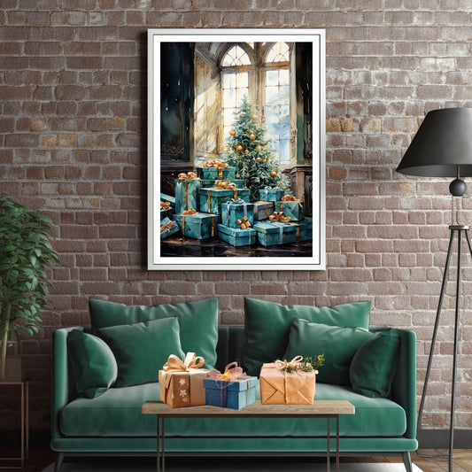 Juletre og julepakker ved et vindu. Illustrasjonen viser motivet som plakat i sort ramme som henger på en vegg over en grønn sofa.