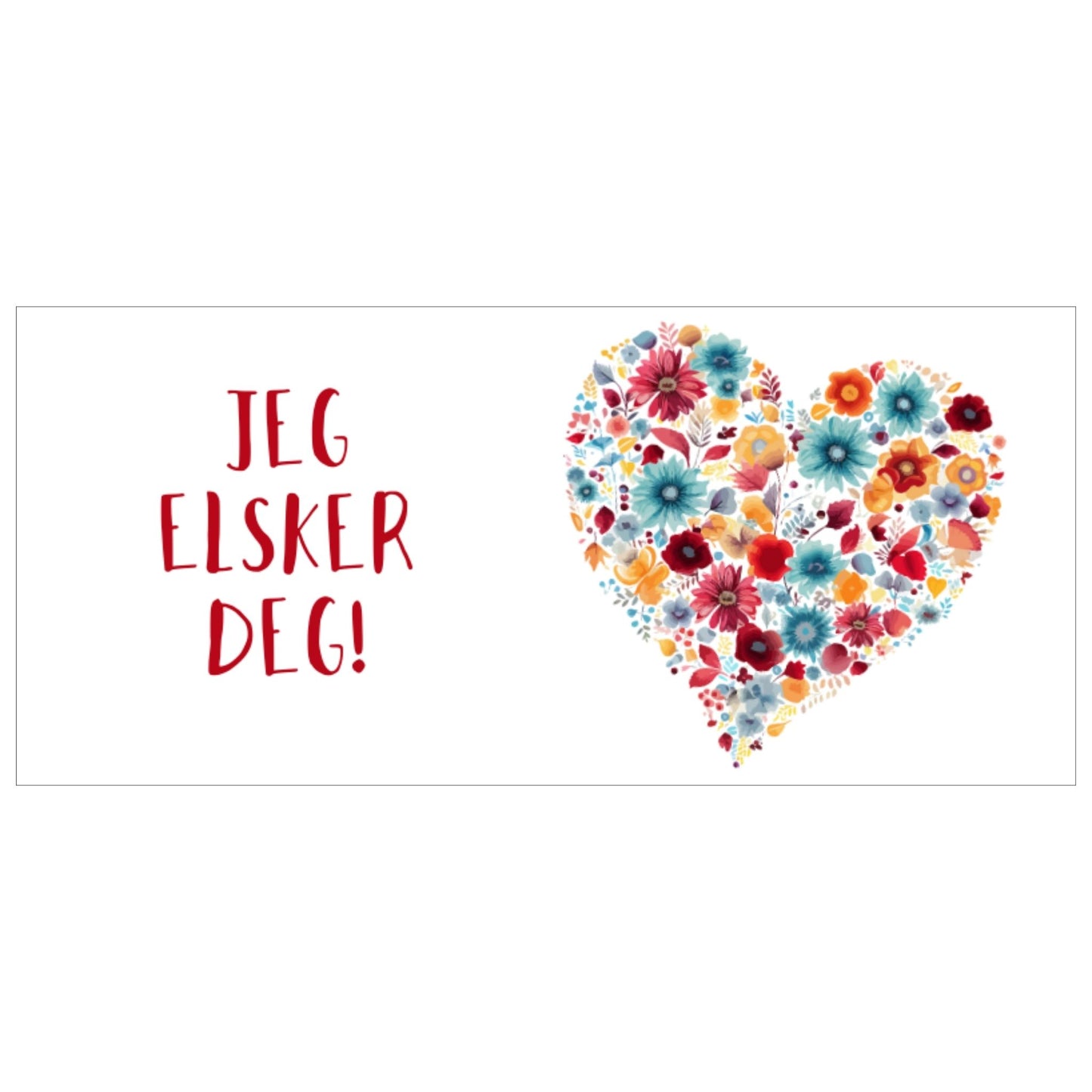 Trykkeillustrasjon av krus i keramikk med teksten Jeg Elsker Deg og et nydelig blomstermønster formet som et hjerte, er dette kruset en perfekt gave til en spesiell person i livet ditt.