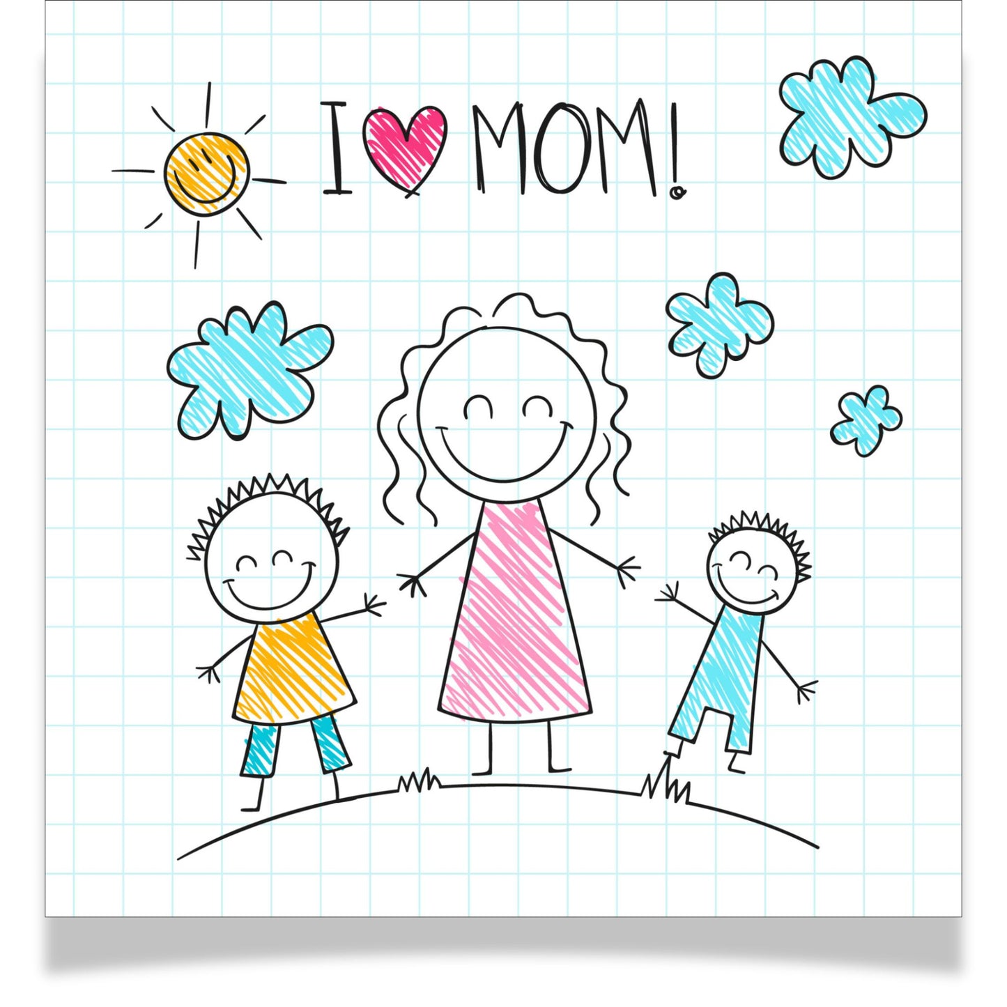 Dette glade og livlige kortet feirer mor med en fargerik og håndtegnet stil. Teksten "I ❤️ MOM!" og det sjarmerende motivet av mor og to barn.