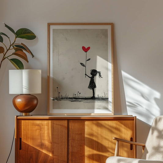 Gi hjemmet ditt en kunstnerisk og stemningsfull touch med vår unike Jente med hjerteblomst-plakat. Dette vakre kunstverket illustrerer en silhuett av en jente som holder en blomst med et rødt hjerteformet kronblad, noe som gir et symbolsk uttrykk for kjærlighet, uskyld og håp. Illustrasjon viser plakat i eik ramme.