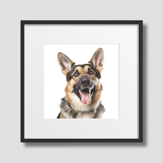 Denne plakaten fanger hundens lojale og muntre natur, med dens glade smil og våkne blikk, som gjør den til et perfekt valg for hundeelskere. Illustrasjonsfoto viser motivet i sort ramme med passepartout.