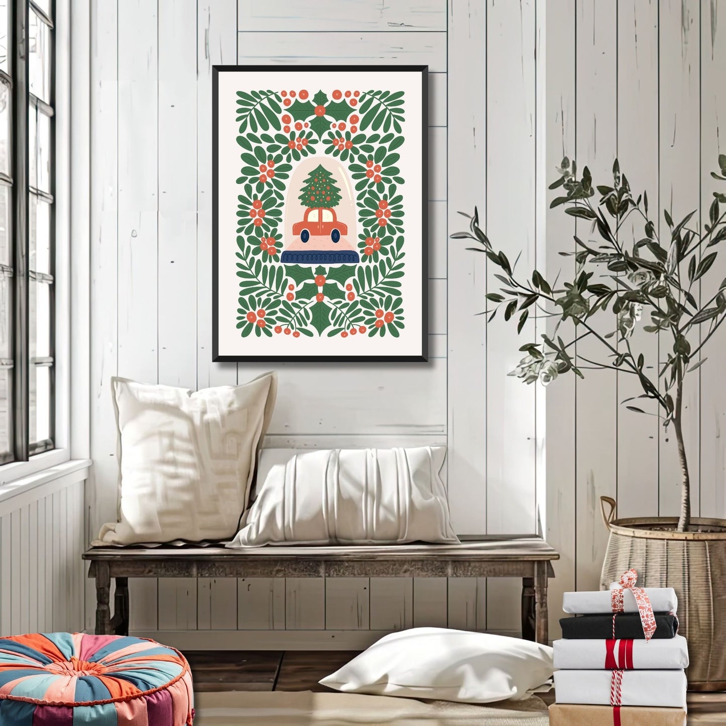 "Julebil med Juletre" er en festlig plakat som viser en liten bil som transporterer et juletre hjem til feiringen, omkranset av grønt og rødt i et klassisk julemotiv. Illustrasjonsfoto viser plakat i sort ramme.