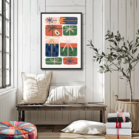 Pynt hjemmet ditt med denne festlige plakaten som fokuserer på fargerike julegaver, pakket inn i elegante bånd. Illustrasjonsfoto viser plakat i sort ramme.