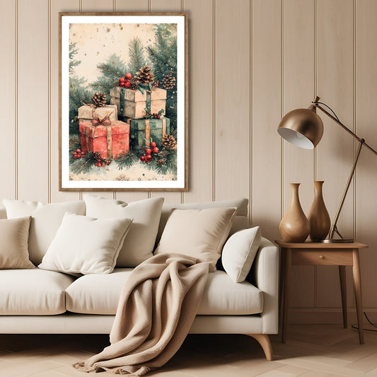 Dette stemningsfulle motivet viser vakkert innpakkede gaver omgitt av vintergrønt, kongler og røde bær, som bringer frem den perfekte julefølelsen. Illustrasjon viser motivet som plakat med hvit kant i lys ramme.